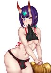 1girl bangs bare_shoulders black_fundoshi blush breasts chinese_clothes clothes_lift collarbone detached_sleeves dudou earrings eyeliner fate/grand_order fate_(series) forehead_jewel highres horns jewelry looking_at_viewer low_twintails makeup medium_breasts mouth_hold nipples oni oni_horns pointy_ears purple_eyes purple_hair selarz short_hair short_twintails shuten_douji_(fate) shuten_douji_(halloween_caster)_(fate) skin-covered_horns smile solo thighs twintails 