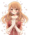  1girl armor bangs blush brown_hair collarbone crying crying_with_eyes_open earrings eyebrows_visible_through_hair fire_emblem fire_emblem:_genealogy_of_the_holy_war floating_hair hands_together highres jewelry lachesis_(fire_emblem) long_hair open_mouth petals red_shirt shirt shoulder_armor solo sui_(aruko91) tears upper_body 
