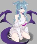  1girl :o absurdres animal_ears bangs blue_hair breasts collarbone dragon dragon_ears dragon_girl dragon_tail dragon_wings elira_pendora eyebrows_visible_through_hair fangs hair_over_one_eye highres long_hair looking_up medium_breasts mole nijisanji nijisanji_en off_shoulder overall_shorts rikure solo squatting sweater tail virtual_youtuber white_sweater wings 