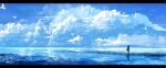  1girl bird blue_sky blur border cloud cloud_focus cloudy_sky commentary_request condensation_trail dove dress fantasy flying from_behind hair_down highres lifeline_(a384079959) multicolored reflective_water scenery seaweed signature sky solo standing translucent white_hair wind wind_lift 