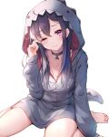  1girl ;s ahoge animal_hood bangs bare_legs barefoot black_choker black_hair blue_hair blush breasts choker cleavage closed_eyes closed_mouth collarbone grey_hoodie head_tilt highres hood hoodie ichinose_uruha long_hair long_sleeves looking_at_viewer lupinus_virtual_games medium_breasts multicolored_hair shark_hood sitting solo streaked_hair toki_(toki_ship8) transparent_background two-tone_hair virtual_youtuber wariza wavy_mouth 