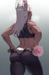  1girl adjusting_clothes alternate_costume animal_ears ass back bangs bare_shoulders black_bra black_pants blush boku_no_hero_academia bra bunny_ears bunny_tail clothed_after_sex cowboy_shot cross-section dark-skinned_female dark_skin dimples_of_venus fertilization from_behind heart highres long_hair looking_at_viewer looking_back mirko outline ovum pants parted_bangs profile rabbit_girl ratatatat74 red_eyes see-through shiny shiny_hair solo sports_bra steaming_body sweat tail thighs tight tight_pants toned underwear white_hair yoga_pants 