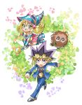  1boy 1girl :d bangs belt black_shirt blonde_hair blue_jacket blue_pants blush_stickers chibi clenched_hands commentary_request dark_magician_girl duel_monster fushitasu green_eyes holding jacket kuriboh long_sleeves looking_at_viewer looking_up multicolored_hair mutou_yuugi open_clothes open_jacket open_mouth pants purple_eyes purple_hair school_uniform shirt shoes smile wand yu-gi-oh! yu-gi-oh!_duel_monsters 