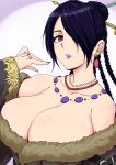  1girl black_hair breasts brown_eyes cleavage ear_piercing earrings final_fantasy final_fantasy_x final_fantasy_x-2 hair_bun jewelry large_breasts lulu_(ff10) mole mole_under_mouth necklace piercing purple_lips purple_nails ring strapless wedding_band yayo325 