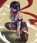  1girl bare_shoulders black_hair black_shorts boots breasts bridal_gauntlets brown_background brown_legwear elbow_gloves expressionless eyepatch gloves highres hunyan large_breasts legwear_under_shorts long_hair original ponytail red_eyes red_scarf scarf shadow shorts solo thigh_boots thighhighs white_gloves 