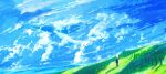  1girl blue_sky blur blurry blurry_background cloud cloud_focus commentary_request fantasy fence field flying_whale from_behind grass highres landscape lifeline_(a384079959) long_hair mountainous_horizon scenery shadow signature sky solo standing whale white_hair 