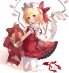  1girl blurry crystal depth_of_field dress flandre_scarlet flat_chest full_body hat highres kneeling looking_at_viewer mob_cap one_side_up pantyhose paragasu_(parags112) petticoat red_dress red_eyes simple_background solo stuffed_animal stuffed_toy teddy_bear touhou white_background wings 
