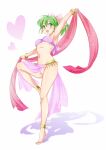  1girl absurdres anklet arm_up armpits bangs bare_legs barefoot bracelet dancer dancing earrings fire_emblem fire_emblem:_genealogy_of_the_holy_war green_eyes green_hair hair_ribbon ham_pon heart highres holding jewelry legs lene_(fire_emblem) midriff open_mouth panties pink_panties ponytail ribbon shadow short_hair simple_background smile solo underwear 
