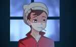  1boy bangs beanie brown_hair buttons cigarette collarbone commentary_request doomer gazing_eye grey_headwear hat male_focus meme mouth_hold pokemon pokemon_(game) pokemon_swsh popped_collar red_shirt shirt short_hair solo swept_bangs upper_body victor_(pokemon) wavy_mouth 