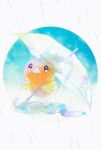  bird chick commentary_request creature gen_3_pokemon highres looking_up neejyu no_humans pokemon pokemon_(creature) puddle purple_eyes rain standing starter_pokemon torchic transparent transparent_umbrella umbrella water 