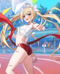  1girl 2qba :d ahoge armpit_peek ass bandaid bandaid_on_leg blonde_hair blue_eyes breasts buruma counter_side crop_top day floating_hair gym_uniform hair_ribbon highres long_hair looking_at_viewer midriff niel_bluesteel open_mouth outdoors outstretched_arm red_buruma ribbon shirt short_sleeves sidelocks small_breasts smile solo sweat sweatband thighs track_and_field twintails v very_long_hair white_shirt 