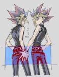  2boys belt blonde_hair bracelet bright_pupils closed_mouth commentary_request from_below fushitasu jewelry looking_back male_focus multiple_boys mutou_yuugi pants parted_lips shirt sleeveless sleeveless_shirt smile spiked_hair white_pupils yami_yuugi yu-gi-oh! yu-gi-oh!_duel_monsters 