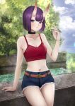  1girl bangs belt blue_shorts blue_sky blush bob_cut breasts camisole choker contemporary crop_top cutoffs denim denim_shorts eyeliner fate/grand_order fate_(series) horns looking_at_viewer makeup midriff navel oni oni_horns open_mouth purple_eyes purple_hair red_camisole selarz short_hair short_shorts shorts shuten_douji_(fate) skin-covered_horns sky small_breasts solo tree water 