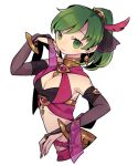  1girl alternate_costume arm_up bangs bracelet breasts bridal_gauntlets dancer earrings fire_emblem fire_emblem:_genealogy_of_the_holy_war fire_emblem_heroes green_eyes green_hair haconeri hair_ornament jewelry lene_(fire_emblem) ponytail simple_background smile solo upper_body white_background 