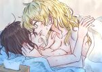  2girls absurdres bite_mark biting blonde_hair blush breasts brown_hair closed_eyes conanedogawa hickey highres long_hair multiple_girls nose_bite nude on_bed original pinching small_breasts sweat tissue_box under_covers yuri 