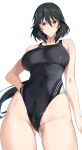  1girl ass_visible_through_thighs black_hair black_swimsuit breasts brown_eyes competition_swimsuit covered_navel cowboy_shot halcon highleg highleg_swimsuit highres infinite_stratos looking_at_viewer medium_breasts one-piece_swimsuit orimura_chifuyu short_hair smile solo swimsuit 
