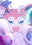  absurdres balloon blue_eyes blurry blush closed_mouth commentary_request gen_6_pokemon highres looking_at_viewer moi_moi_123 no_humans pokemon pokemon_(creature) smile solo sylveon 