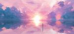  1girl blur cloud cloud_focus cloudy_sky commentary_request fantasy gradient highres holding holding_umbrella lifeline_(a384079959) light long_hair long_sleeves multicolored original pants pink_sky reflective_floor scenery shadow signature silhouette sky sunset umbrella 