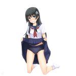  1girl absurdres ass_visible_through_thighs black_hair blue_buruma blue_eyes blue_skirt blush buruma buruma_under_skirt cameltoe clothes_lift flower grin gym_uniform hair_flower hair_ornament highres lifted_by_self long_hair sainohikari saten_ruiko school_uniform serafuku shirt short_sleeves skirt skirt_lift smile socks solo thighs toaru_kagaku_no_railgun toaru_majutsu_no_index white_footwear white_shirt 