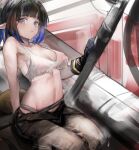  1girl arknights bare_arms bare_shoulders black_gloves black_hair black_pants blue_eyes breasts crop_top crop_top_overhang eunectes_(arknights) eunectes_(forgemaster)_(arknights) expressionless gloves gnai gradient_hair highres looking_at_viewer medium_breasts midriff multicolored_hair navel no_bra official_alternate_costume pants pointy_ears revision shirt short_hair sitting sleeveless sleeveless_shirt solo stomach tail torn_clothes torn_shirt underboob white_shirt 