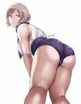  1girl ass bent_over blue_eyes breasts cropped_legs eyebrows_visible_through_hair from_behind gridman_universe hair_behind_ear large_breasts looking_at_viewer looking_back mujina puckered_lips purple_corset purple_scarf purple_shorts scarf shibusun shirt_tucked_in short_hair shorts silver_hair solo ssss.dynazenon white_background 