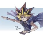  1boy black_hair black_shirt blonde_hair bracelet bright_pupils card closed_mouth commentary_request fushitasu holding holding_card jacket jacket_on_shoulders jewelry male_focus outstretched_arm red_eyes red_hair shirt solo spiked_hair translation_request white_pupils yami_yuugi yu-gi-oh! yu-gi-oh!_duel_monsters 