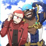 2boys abs adjusting_eyewear anchor_necklace archie_(pokemon) batabiru blue_bandana chromatic_aberration cloud commentary_request covered_abs dark-skinned_male dark_skin glasses hand_up highres holding long_sleeves looking_at_viewer male_focus maxie_(pokemon) multiple_boys muscular muscular_male open_mouth pokemon pokemon_(game) pokemon_oras red_hair ribbed_sweater sharp_teeth sky smile sweatdrop sweater team_aqua team_magma teeth tongue upper_body 