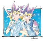  2boys ;d alternate_costume blonde_hair blue_eyes bright_pupils collared_shirt commentary_request cup disposable_cup drinking drinking_straw fushitasu holding lowres male_focus multiple_boys mutou_yuugi one_eye_closed open_mouth shirt short_sleeves smile sparkle spiked_hair tongue upper_teeth white_pupils yami_yuugi yu-gi-oh! yu-gi-oh!_duel_monsters 