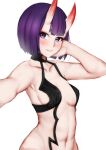  1girl bangs bare_shoulders bob_cut breasts collarbone eyeliner fate/grand_order fate_(series) highres horns looking_at_viewer makeup navel oni oni_horns outstretched_arm purple_eyes purple_hair revealing_clothes selarz selfie short_hair shuten_douji_(fate) skin-covered_horns small_breasts smile solo 
