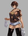  1girl bag black_choker black_legwear breasts brown_hair brown_jacket brown_sports_bra choker grey_background highres holding holding_bag hunyan jacket original parted_lips short_hair short_sleeves shorts simple_background smile solo sports_bra thighhighs white_shorts zipper zipper_pull_tab 