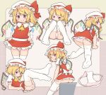  1girl :3 :d all_fours ascot ass blonde_hair blush clothes_lift commentary crystal fang fang_out feet flandre_scarlet frilled_skirt frills hat highres legs looking_at_viewer medium_hair miniskirt mob_cap multiple_views no_shoes open_mouth panties panties_removed panty_pull pink_panties pointy_ears puffy_short_sleeves puffy_sleeves purple_eyes red_eyes short_sleeves side_ponytail simple_background sitting skirt skirt_lift skirt_set smile soles thigh_gap thighhighs touhou turnip_kabura underwear white_legwear white_panties wings yellow_neckwear 