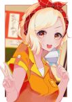  1girl absurdres bangs blonde_hair bow gyaru hair_bow highres love_live! love_live!_nijigasaki_high_school_idol_club love_live!_school_idol_festival_all_stars medium_hair miyashita_ai nagisa_iori open_mouth orange_eyes orange_shirt shirt short_sleeves solo spatula thank_you_for_coming!_(love_live!) v yellow_eyes 