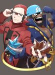  2boys adjusting_eyewear archie_(pokemon) batabiru beard black_hair blue_bandana clenched_hand closed_mouth collarbone commentary_request dark-skinned_male dark_skin facial_hair glasses glint hands_up highres holding looking_at_viewer male_focus maxie_(pokemon) medium_hair multiple_boys open_mouth pokemon pokemon_(game) pokemon_masters_ex pokemon_oras red_hair ribbed_sweater sharp_teeth shiny smile sweater team_aqua team_magma teeth tongue wetsuit 
