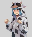  1girl animal_print aqua_hairband artist_name bangs blush collar copyright_request cow_hood cow_print grey_background hairband hands_up hood hood_up hunyan long_sleeves medium_hair open_mouth red_eyes simple_background solo upper_body 
