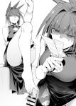  1girl bangs bar_censor bare_shoulders barefoot breasts cameltoe censored chicke_iii china_dress chinese_clothes cleavage_cutout clothing_cutout crossed_arms dragon_print dress folded_ponytail frills greyscale hair_between_eyes hair_intakes highres large_breasts leg_garter leg_up legs long_hair looking_at_viewer monochrome ofuda panties partially_visible_vulva penis shaded_face shaman_king simple_background smug tao_jun underwear veins veiny_penis white_background 
