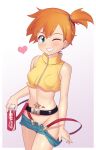  1girl bangs bare_arms belt black_belt blush border breasts can clothes_pull coca-cola commentary commission cropped_jacket english_commentary eyelashes gazing_eye gen_1_pokemon grin hair_tie heart highres holding holding_can jacket looking_at_viewer misty_(pokemon) one_eye_closed orange_hair outside_border pokemon pokemon:_the_electric_tale_of_pikachu pulled_by_self shiny shiny_skin shorts shorts_pull side_ponytail sleeveless sleeveless_jacket smile solo staryu suspenders tied_hair white_border yellow_jacket zipper zipper_pull_tab 