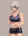  1girl black_sports_bra breasts cleavage cowboy_shot eyepatch grey_background grey_hair hand_on_own_chest highres hunyan large_breasts midriff navel open_mouth original shadow short_hair simple_background solo sports_bra 