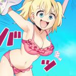  1girl :d armpits arms_up bangs bikini blonde_hair blue_eyes breasts cleavage commentary english_commentary frilled_bikini frills gazing_eye hair_between_eyes ijiranaide_nagatoro-san leaning_forward navel open_mouth pink_bikini smile solo swimsuit tongue yoshi_(nagatoro) 