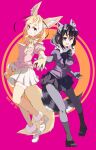  2girls animal_ear_fluff animal_ears black_footwear black_gloves black_hair black_neckwear blonde_hair blue_sweater bow bowtie commentary_request common_raccoon_(kemono_friends) elbow_gloves extra_ears eyebrows_visible_through_hair fang fennec_(kemono_friends) fox_ears fox_girl fox_tail full_body fur_collar fur_trim gloves grey_gloves grey_hair grey_legwear highres holding_hands kemono_friends mary_janes multicolored_hair multiple_girls nanana_(nanana_iz) open_mouth pantyhose pink_sweater pleated_skirt puffy_short_sleeves puffy_sleeves raccoon_ears raccoon_girl raccoon_tail shirt shoes short_hair short_sleeves skirt smile sweater tail thighhighs white_footwear white_fur white_hair white_neckwear white_shirt yellow_gloves yellow_legwear zettai_ryouiki 