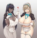  apron asuna_(blue_archive) black_hair blonde_hair blue_archive blue_eyes braid breast_hold breast_lift breasts covered_nipples cropped_legs crown_braid dark_skin elbow_gloves gloves gradient gradient_background groin heart highres huge_breasts interlocked_fingers karin_(blue_archive) large_breasts long_hair maid maid_headdress no_panties pantyhose simple_background smile thighhighs very_long_hair waist_apron white_gloves white_legwear yellow_eyes zb_(xucz8527) 