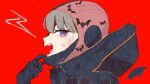  1girl apex_legends black_gloves black_jacket blue_eyes botan_sui fangs from_side gloves hood hooded_jacket jacket lightning_bolt_symbol mask_pull open_mouth parody red_background red_headwear scar scar_on_cheek scar_on_face solo twitter_username upper_body vampire_(vocaloid) wattson_(apex_legends) 