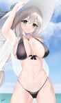  1girl aquila_(azur_lane) aquila_(sardegnian_shallows_and_sunshine)_(azur_lane) arm_up ass_visible_through_thighs azur_lane bare_shoulders bikini black_bikini black_ribbon blue_sky blurry blurry_background braid breasts cloud cloudy_sky covered_nipples cowboy_shot eyebrows_visible_through_hair green_eyes hair_between_eyes hat highleg highleg_bikini highres horizon jewelry large_breasts long_hair looking_at_viewer megumi_kei necklace ocean official_alternate_costume pearl_necklace ribbon shawl signature single_braid sky smile solo sun_hat swimsuit very_long_hair white_headwear 