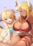  2girls ahoge andira_(granblue_fantasy) animal_ears bangs blonde_hair breast_suppress breasts cleavage criss-cross_halter dark_skin detached_sleeves draph erune flower gollizo granblue_fantasy grin hair_flower hair_ornament halterneck highres horn_ornament horn_ribbon horns kuvira_(granblue_fantasy) large_breasts layered_bikini monkey_ears monkey_tail multicolored_hair multiple_girls one-piece_swimsuit orange_eyes parted_bangs pink_hair pointy_ears red_eyes ribbon see-through_sleeves skindentation smile swimsuit tail thigh_ribbon thighs twitter_username two-tone_hair 