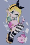 1girl alice_(alice_in_wonderland) alice_(alice_in_wonderland)_(cosplay) alice_in_wonderland animal bangs black_footwear black_legwear black_shorts blonde_hair blue_eyes blue_shirt blunt_bangs blunt_ends cat character_name cheshire_cat_(alice_in_wonderland) cheshire_cat_(alice_in_wonderland)_(cosplay) closed_mouth commentary cosplay dolphin_shorts domino_mask floating full_body grey_background hand_in_hair holding holding_animal imaikuy0 inkling judd_(splatoon) li&#039;l_judd_(splatoon) long_sleeves mask pointy_ears shirt shoes short_shorts shorts splatoon_(series) striped striped_legwear symbol_commentary tentacle_hair thighhighs 