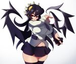  1girl absurdres belly black_hair black_legwear black_skirt breasts filia_(skullgirls) grey_background highres huge_breasts looking_at_viewer naze plump prehensile_hair red_eyes samson_(skullgirls) simple_background skirt skullgirls thick_thighs thighhighs thighs 