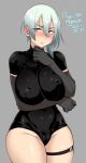  1girl 2021 :t agawa_ryou blue_hair blush breasts brown_eyes cameltoe commentary covered_nipples dated elbow_gloves english_commentary gloves large_breasts long_hair original signature skindentation solo thick_thighs thigh_strap thighs 