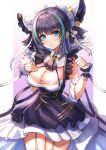  1girl :3 animal_ears aqua_hair azur_lane blue_eyes breasts cat_ears cheshire_(azur_lane) cleavage detached_sleeves dress eyebrows_visible_through_hair fake_animal_ears frilled_dress frilled_hairband frills garter_straps hairband highres large_breasts looking_at_viewer medium_hair multicolored_hair puffy_short_sleeves puffy_sleeves purple_apron purple_background purple_hair rothy_(user_cezn8425) short_sleeves simple_background solo streaked_hair thighs two-tone_background white_background white_dress wrist_cuffs 