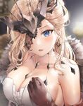  1girl absurdres artist_name bare_shoulders blonde_hair blue_eyes blurry blurry_background blush breasts brown_gloves cleavage collarbone depth_of_field earrings fur_trim genshin_impact gloves hand_on_own_chest highres jewelry large_breasts long_hair looking_at_viewer one_eye_covered open_mouth signora_(genshin_impact) silverpixia solo strapless upper_body 