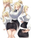  1girl banned_artist blonde_hair blush breasts closed_eyes elf eyebrows_visible_through_hair kkamja large_breasts long_hair multiple_views office_lady original panties pointy_ears ponytail shirt simple_background skirt tight tight_shirt underwear white_background 