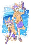  2boys ;d commentary_request fushitasu holding hood hood_down hoodie looking_at_viewer lower_teeth male_focus multiple_boys mutou_yuugi one_eye_closed open_clothes open_hoodie open_mouth orange_hair orange_hoodie orange_shirt purple_hair purple_shorts shirt shoes short_sleeves shorts smile sneakers spiked_hair squatting standing tongue water_drop water_gun yami_yuugi yu-gi-oh! yu-gi-oh!_duel_monsters 